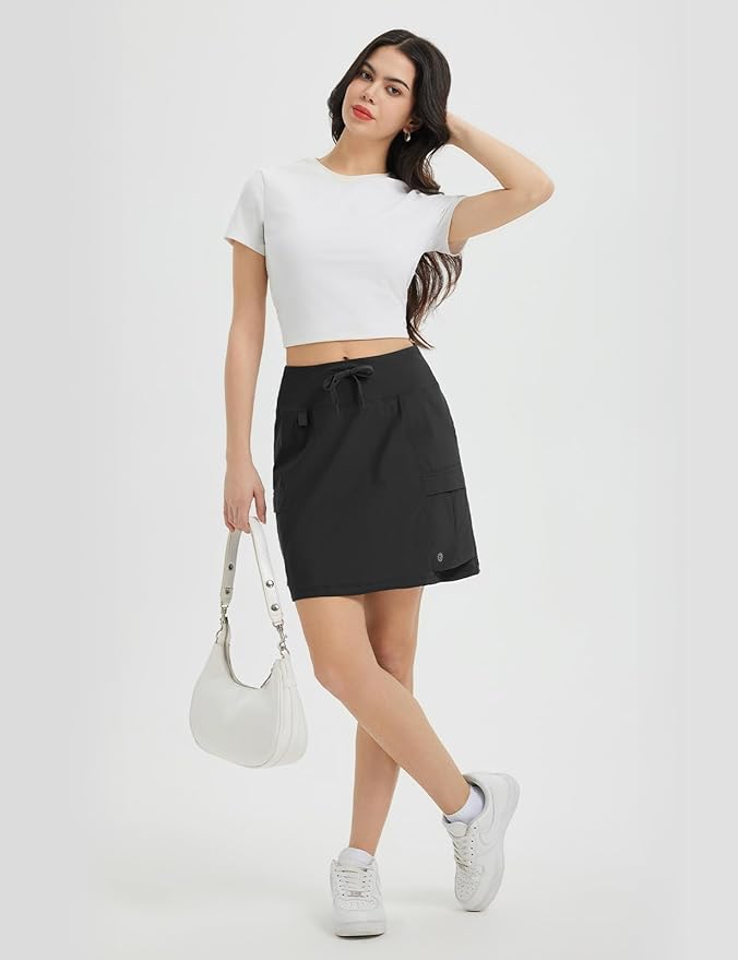 baleaf Women's 16" Hiking Cargo Skort with Pockets Knee Length Skirts | 4 Cargo Pockets, High Waisted, Built-In Shorts, UPF 50+ Sun Protection, Quick Dry, Stretch, Hiking, Golf, Outdoor, Casual