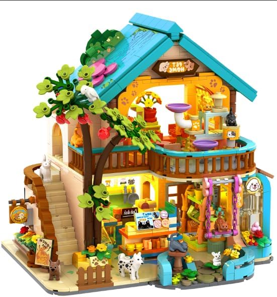 City Pet Shop Building Set with Lights, Cozy Pet House Construction Toy with Cats Dogs Rabbit, 1431 PCS Cute Animal Store Miniature Model Building Block Kit for Adults Kids Boys Girls Ages 12+
