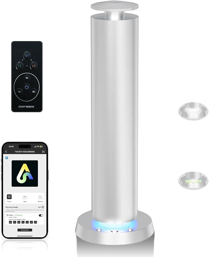 Wireless Scent Machine,1800 Sq.Ft APP Control LED Light Ultra Quiet | Waterless Cold Air Aromatherapy Diffuser, Button Control, Sleek Silver Design, for Modern Home & Bedroom