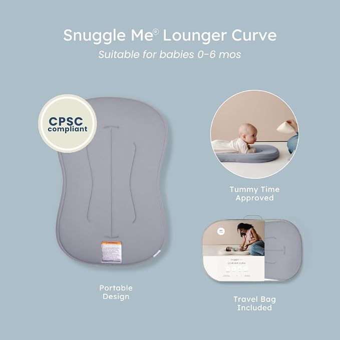 Snuggle Me® Baby Lounger Curve (0-6 Months) - Premium Organic Cotton with Foam Core, Machine-Washable Cover, Buttery-Soft & Breathable Infant Lounger with Travel Bag (30 in x 20 in x 1.9 in)