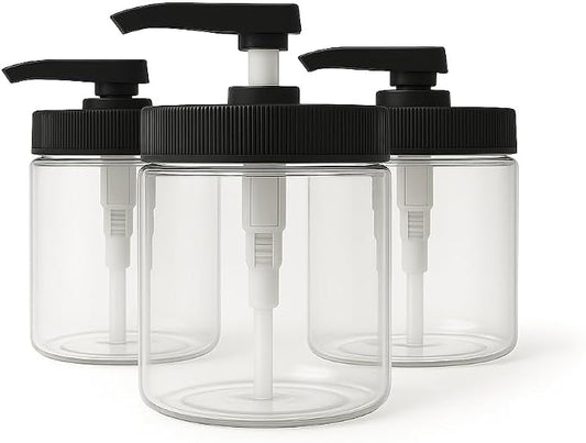Royal Massage 16oz Refillable Pump Jar with Locking Dip Tube Dispenser – BPA-Free Plastic Container for Massage Oils, Lotions, Creams – Ribbed Lid Wide-Mouth Jar – Durable & Reusable (Clear/Black, 3)