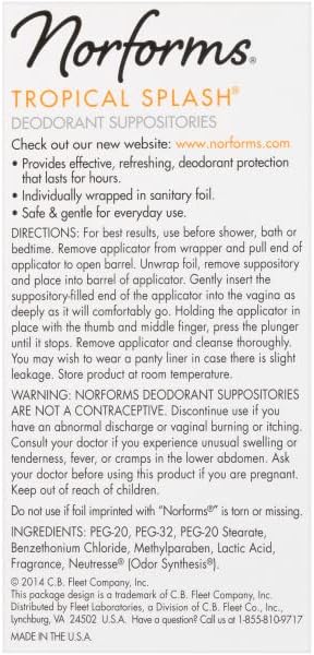 Norforms Feminine Deodorant Suppositories | Long Lasting Odor Control | Tropical Splash | 12 Count | Pack of 3 | Gentle pH-Balanced Formula, for Vaginal Odor Control, Gynecologist Tested, 12 Individually Wrapped Suppositories