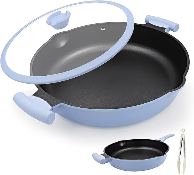 Large Frying Pan Skillet Nonstick with Lid, 14 Inch Deep Saute Pan, Big Induction Pan for Cooking, 2-1 Non Stick Cookware with Helper Handle, Family Size, Suitable for All Stoves, PFOA-Free