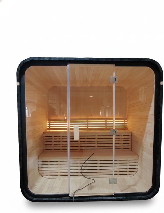 Outdoor Cube Sauna Rooms,4-6person Canadian Spruce Steam Saunas,83Lx71Wx83H inch Panoramic Large Space,6KW 220V Electric Stove Durable,Easy to Install