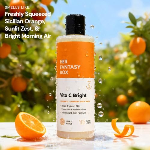 Her Fantasy Box | Vita C Bright Turmeric Body Wash – Antioxidant‐Rich Citrus Cleanser with Vitamin C & Turmeric for Radiant, Even-Looking Skin, Moisturizing Vegan Formula (16 oz)