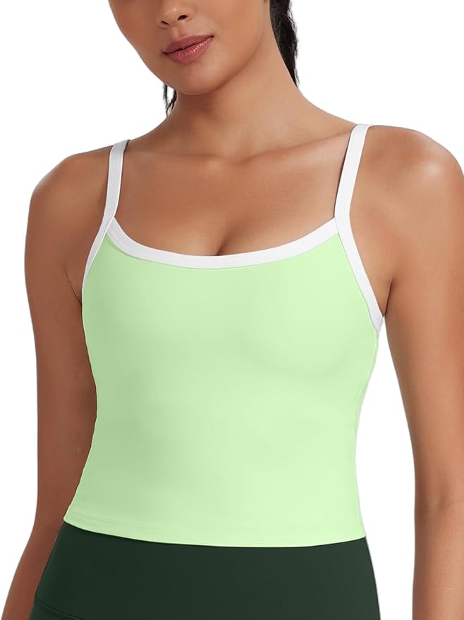 HeyNuts Vintage Color-Block Strappy Crop Tank Top for Womens, Cute Contrasting Trim Yoga Longline Sports Bras Padded A-D Cups