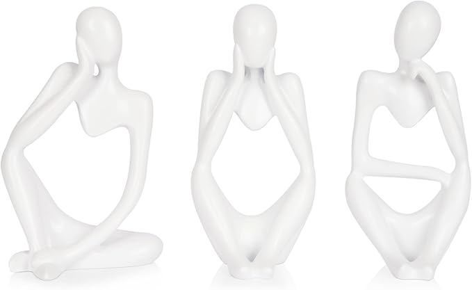 Sandstone Resin Thinker Statue Style Abstract Sculpture, White, 3pcs | Small Statue Collectible Figurines, Modern Aesthetic Ornament for Home Office Bookshelf Desktop Coffee Table Decor