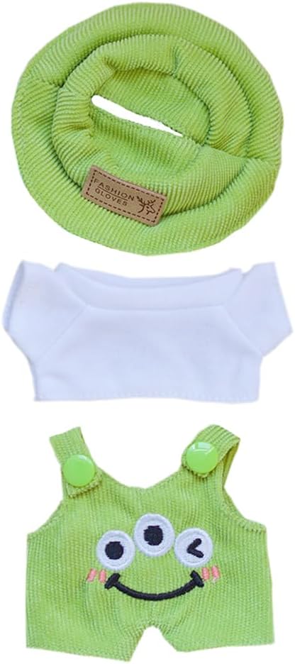 niannyyhouse 17cm Doll Clothes Hat White T-Shirt Animal Print Overalls 15cm Plush Doll Dressup (Green-1)