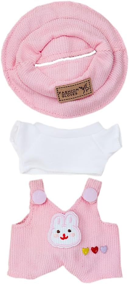 niannyyhouse 17cm Doll Clothes Hat White T-Shirt Animal Print Overalls 15cm Plush Doll Dressup (Pink-3)