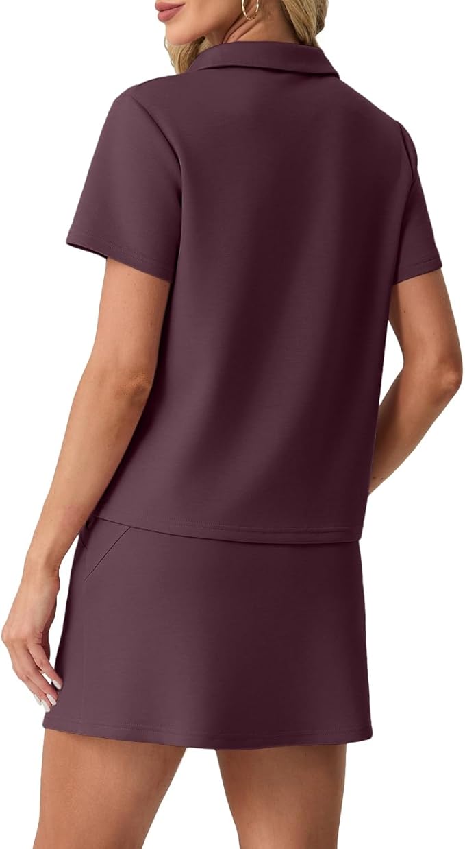 GRECERELLE Women's Summer 2 Piece Skort Set Half Zip Short Sleeve Top & Pocketed Tennis Skirt For Sports & Vacations.