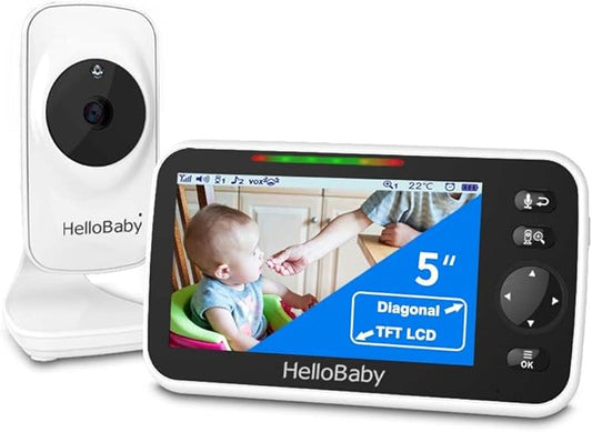 HelloBaby Video Baby Monitor with Camera and Audio, 5" Color LCD Screen, Monitor Camera, Infrared Night Vision, Temperature Display, Lullaby, Two Way Audio and VOX Mode
