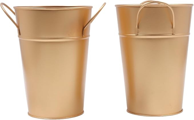 Hosley Set of 2 Gold Bucket/Pot Vase with PVC Liner, 5" Dia x 7" H Ideal Gift for Floral Arrangements Wedding Home Office Party DIY Indoor Outdoor Garden Patio