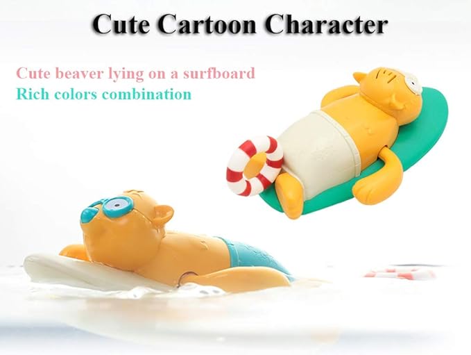 Pull String Baby Bath Toy Pull & Go Cute Surfing Beaver Swimming Windup Clockwork Bathtub Toy for Toddlers (Beige)