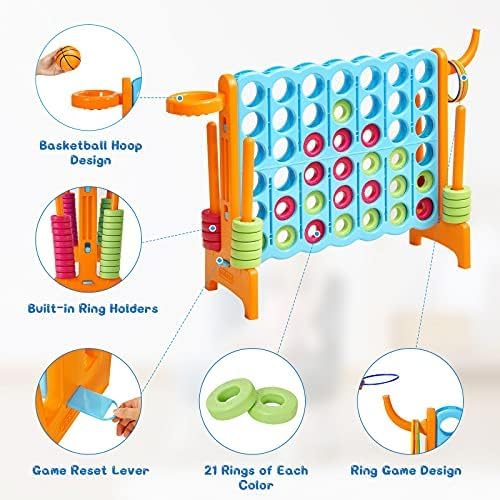 DORTALA Giant 4-in-A-Row, Plastic Jumbo Connect Game Set w/42 Jumbo Rings, Quick-Release Slider, Ring Toss, 2.5Ft Indoor Outdoor 4 to Score Yard Game w/Basketball Hoop