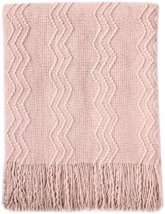 BOURINA Pink Throw Blanket 50x60 Inch Boho Knitted Soft Throw Sofa Blanket | Knitted Throw Blanket 50x60 Inches, Soft Lightweight Boho Weave Throw Decorative Couch Blanket for Living Room Bedroom Chair