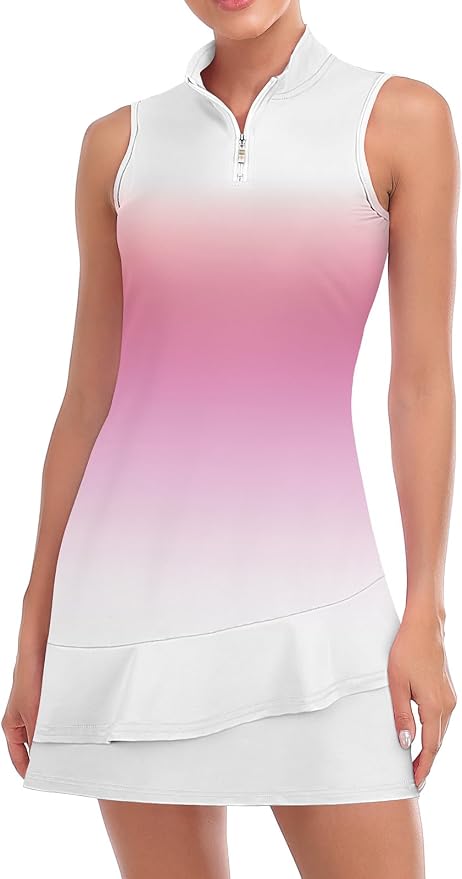 Viracy Tennis Dress for Women Sleeveless Golf Dresses with Shorts and Pockets Ruffle Zip Up Stand Collar Golf Outfits
