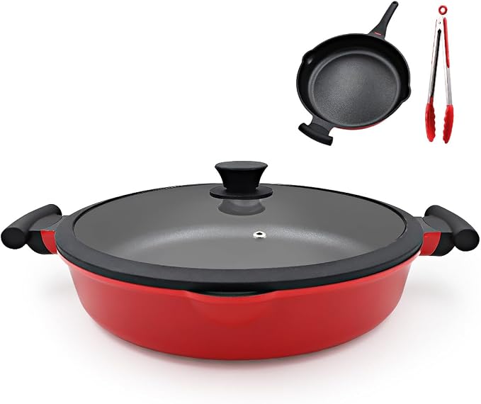 AIKENBBKK Frying Pan Skillet Nonstick with Lid, 14 Inch Large Deep Saute Pan, Big Induction Pan Non Stick, 2-1 Cooking Cookware with Helper Handle, Family Size, Suitable for All Stoves, PFOA-Free, Red