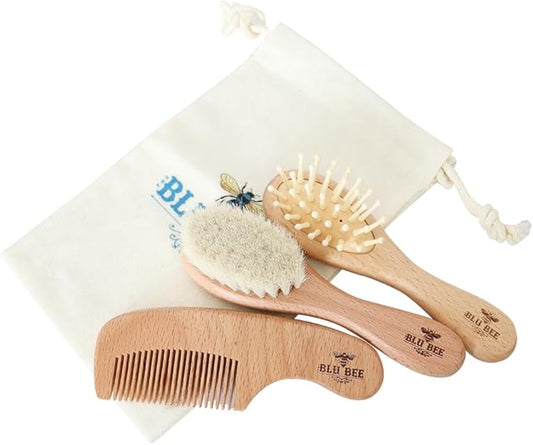 The Hat Pros Wooden Baby Hairbrush & Comb Set | Soft Goat Hair Brush for New Born & Toddlers, Prevents Cradle Cap, 3-in-1 Gift Set for Baby Shower Celebrations