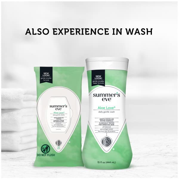 Summer’s Eve Aloe Love Feminine Cleansing Wipes, Daily Intimate Cloths, Removes Odor, pH Balanced, Gentle for Sensitive Skin, 32 Count (Pack of 6)
