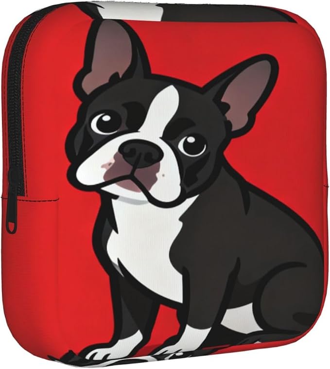 Multifunctional Period Storage Bag for Women Boston Terrier Dog Red, Compact Tampon Holder Pouch, Polyester Pad Bag Stores Cosmetic Jewelry Keys