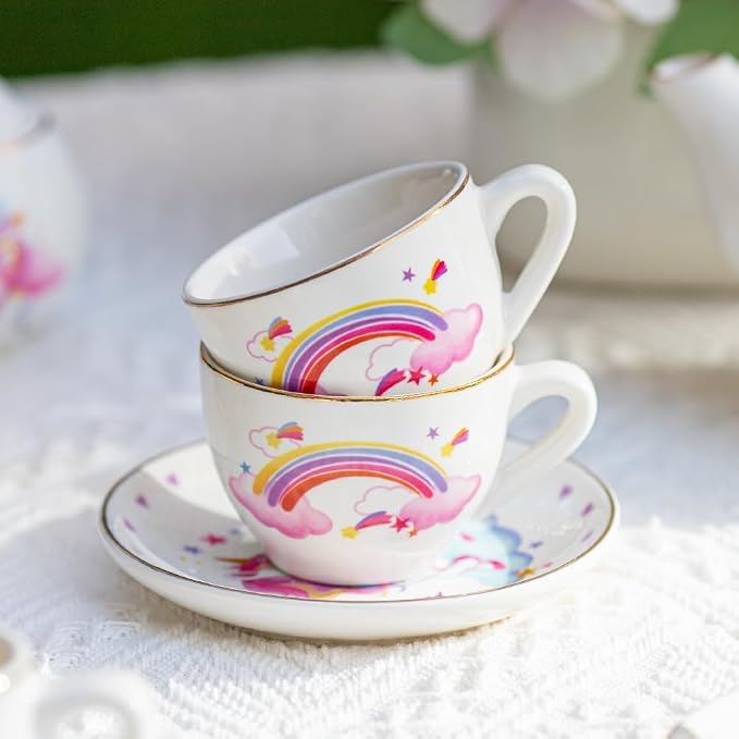 TUZT Porcelain Tea Party Set for Little Girls Kids Toddlers, 13Pcs Unicorn Tea Set - Teapot & Cup & Saucer & Suitcase,Pretend Play Toys Kitchen Set - Christmas Birthday Gift for Girls