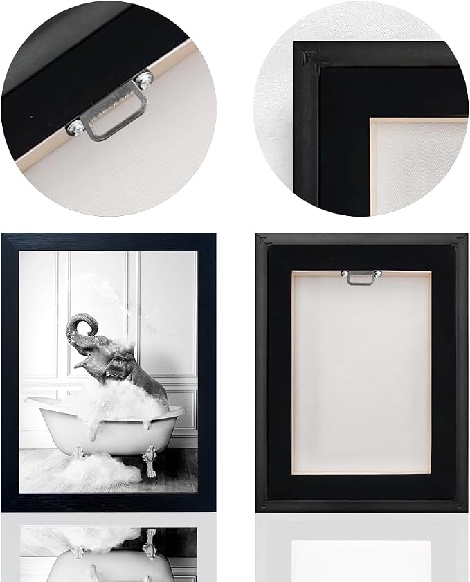 Framed Elephant Wall Art Black and White Bathroom Wall Decor Funny Animal Canvas Print Artworks for Bathroom