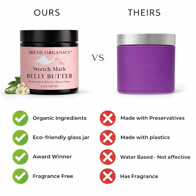 Irene Organics Organic Belly Butter for Pregnancy Stretch Mark Prevention and Treatment Award Winning Anti Stretch Mark Tummy Balm For Pregnancy and Postpartum 8oz - Hydrating Bump Cream