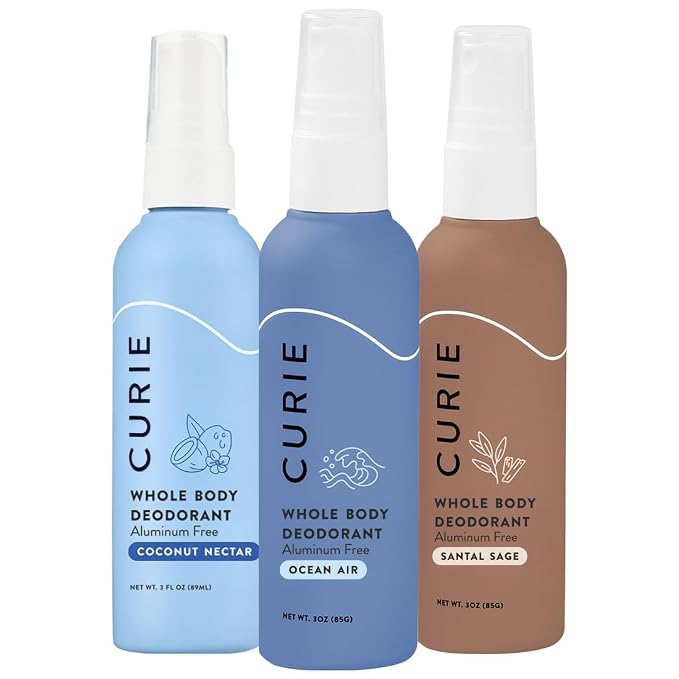 Curie Whole Body Deodorant - Calm & Cool Spray Variety Pack - Aluminum Free, Natural, Paraben Free, Cruelty Free, Vegan - Coconut Nectar, Santal Sage, and Ocean Air (3pk)