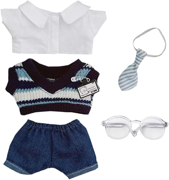 niannyyhouse 10cm-15cm Plush Doll Clothes Uniform Set Compatible with 17cm Labubu Doll (Blue)