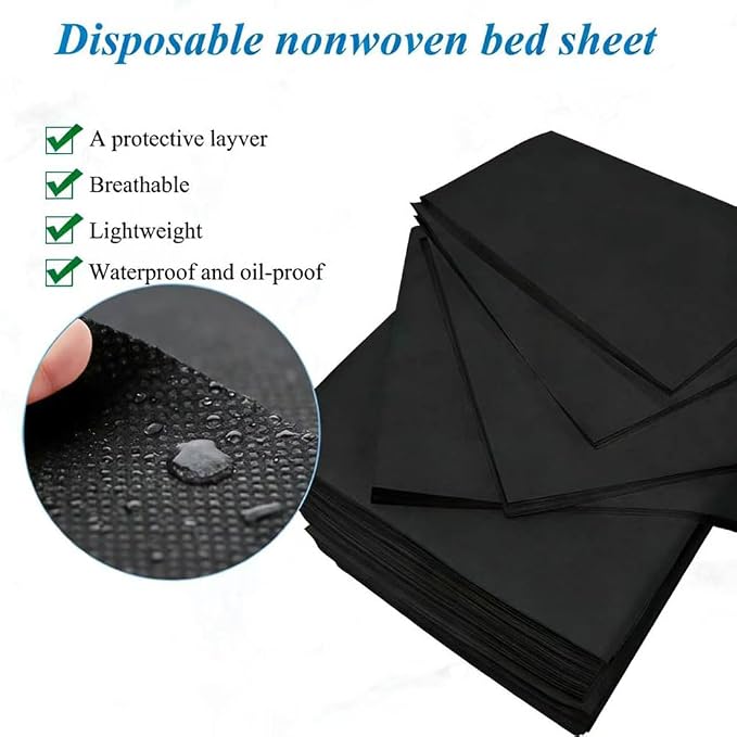 50Pcs Disposable Bed Sheets 31.5"x71" Coated Non-Woven Massage Table Sheets, Waterproof & Oil-Proof, Hygienic & Comfortable for Massage, Tattoo, Beauty, Spa, Breathable & Durable (Black)