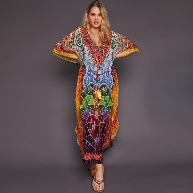 Venasha Womens Caftan Floral Print Kaftan Dress Short Sleeve Swimsuit Cover up Loungewear for Summer