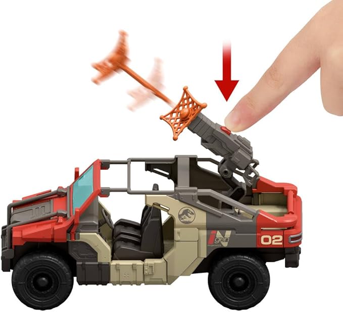 Mattel Jurassic World Rebirth Vehicle with 1 Human & 1 Dinosaur Figure, Launch ‘N Battle Truck, Martin Krebs Figure & Raptor, Turret & 2 Projectiles