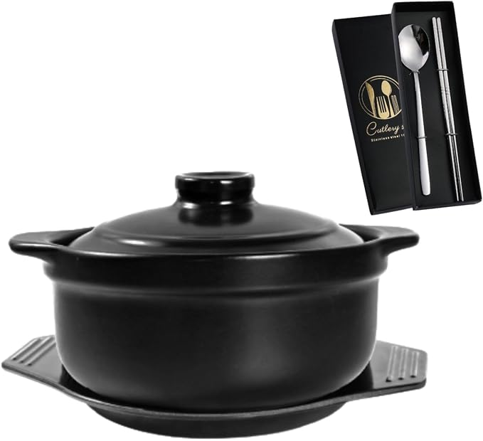 Korean Stone Bowl with Lid & Platter,Ceramic Pot Clay Pots for Cooking Hot Pots Rice Pot Dolsot Bibimbap and Soup Cookware 1200ml Includes Utensil Set