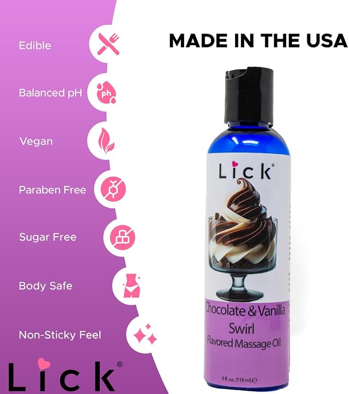 Lick Chocolate Vanilla Massage Oil – Classic Dessert Blend Edible Massage Oil with Vitamin E, Rich Smooth Texture for Couples Massage Experiences, 4 oz