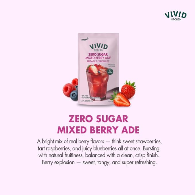 VIVID KITCHEN | Mixed Berry Ade Pouch drinks – Zero Sugar, Zero Calories | Korean Convenience Store Drink | No Artificial Preservatives or Corn Syrup | 6.4 fl oz (10 Pouches) (10 Pouch, Mixed Berry Ade)