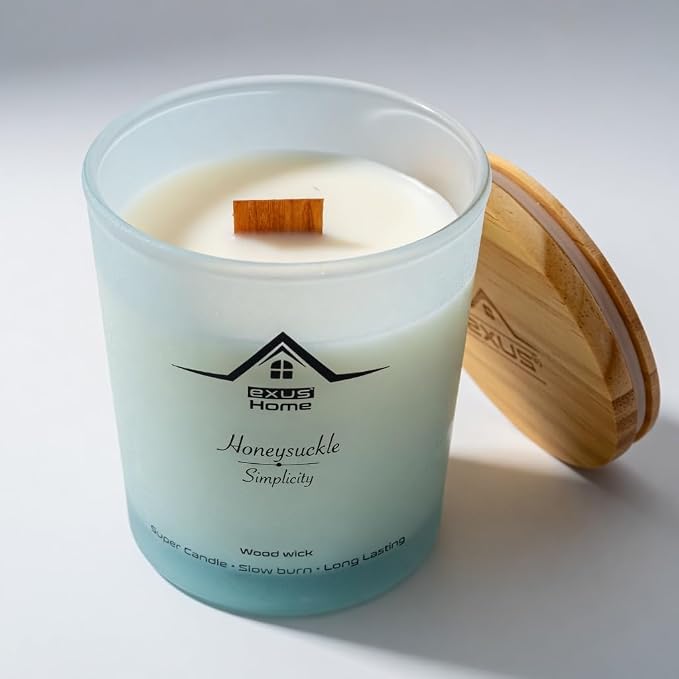 Exus Hand Crafted, Soy Wax, Wood Wick, Aromatic Candle. Non-Toxic (Honeysuckle/Simplicity)