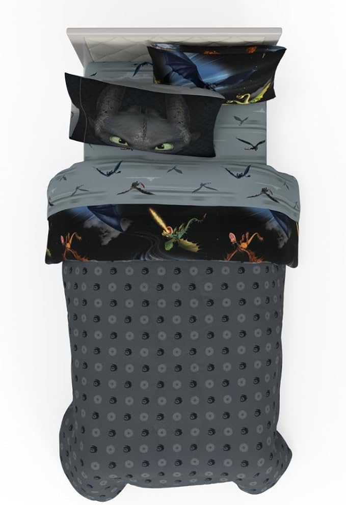 How to Train Your Dragon Kids Bedding Super Soft & Cozy Reversible Microfiber Comforter and Sheet Set with Sham, 5 Piece Twin Size, (Officially Licensed Product) By Franco