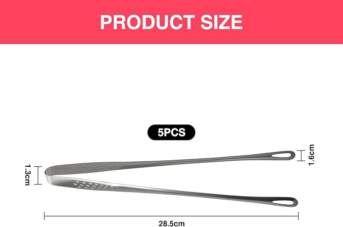 5 Pcs Stainless Steel Grill Tongs, 11 Inches Korean BBQ Tongs Japanese Barbecue Tweezers Clamp Tool for Home Outdoor Cooking Steak Salad Buffet Food Portable Kitchenware