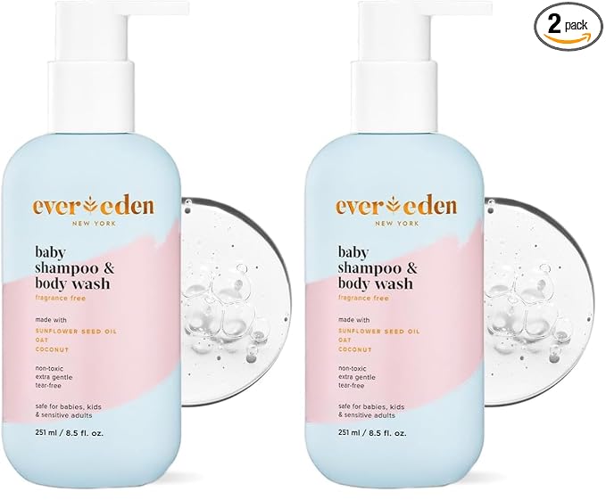 Evereden Baby Shampoo & Body Wash 2-in-1, 8.5 fl oz | Gentle, Non-Toxic, Fragrance-Free, Hydrating Formula for Sensitive Skin (Pack of 2)
