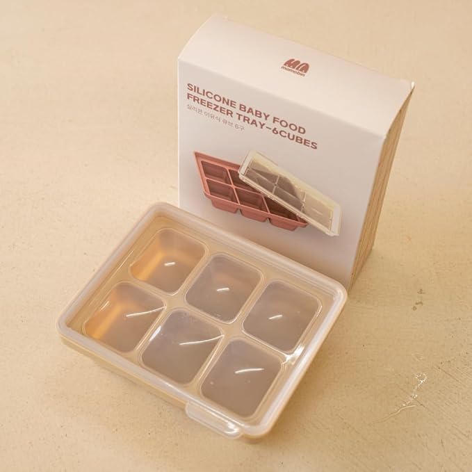 Silicone Freezer Tray, Made in Korea, Meal Prep & Food Storage Cubes with Lid for Purees, Soups, Fruits, Vegetables, Breastmilk (Creme Brulee, 6 Cube - 8.12oz)
