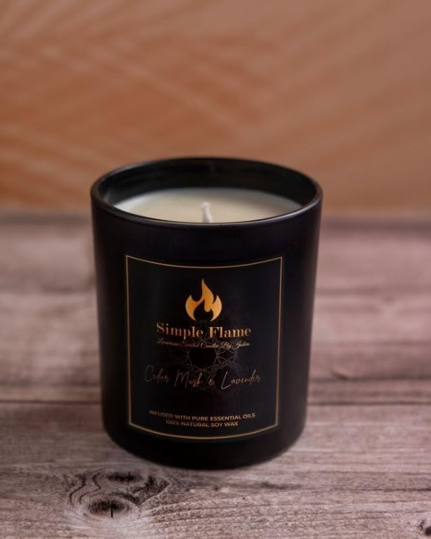 Cedar Musk & Lavender Luxurious Scented Jar Candle | 13 oz - 3.8-Inch height | 100% Natural Soy Wax | Aromatherapy | 35-40 Hours Burn Time | Non-toxic | Essential Oils Candle | Black Jar | Handcrafted