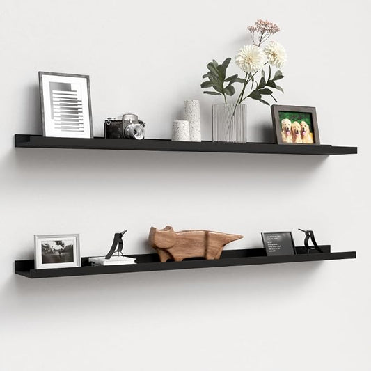 Boswillon Floating Shelves Set of 2, Long Wall Shelf with Lip, 48in, Black | Display Ledge Shelf for Room Wall, Wall Decor Shelves for Bathroom, Living Room, Bedroom, Kitchen, Nursery Room, Modern, Wood