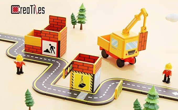 Magnetic Road & Construction Set with Crane – 36-Piece STEM Building Tiles for Kids Ages 3-7, Montessori Learning Toy with Workers & Car