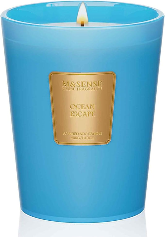 M&SENSE Ocean Escape Soy Candle, 14.1oz 60H Slow Burning, Coastal Summer Aroma, Stress Relief, Beach House Gift