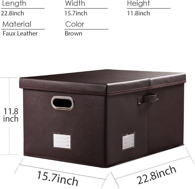 Collapsible Storage Box with Lid [3-Pack] Leather Fabric Foldable Storage Bin Organizer Container Basket Cube with Cover for Home Bedroom Closet Office Nursery Brown(22.8X15.7X11.8)