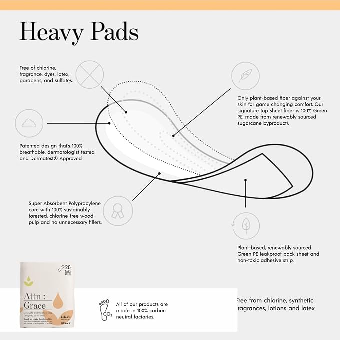 Attn: Grace Heavy Incontinence Pads for Women, 2-Pack (56 Pads Total / 28 per Pack) - Plant-Based, High Absorbency, Breathable - Incontinence Pads for Heavy Bladder Leaks & Sensitive Skin