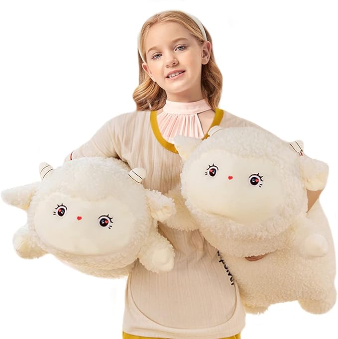 ELAINREN Cuddly Cream Lamb Plushies Dolls Ultra-Soft Big White Sheep Stuffed Animals Pillow Fluffy Curly Sheep Plush Farm Toy Gifts/23.6''