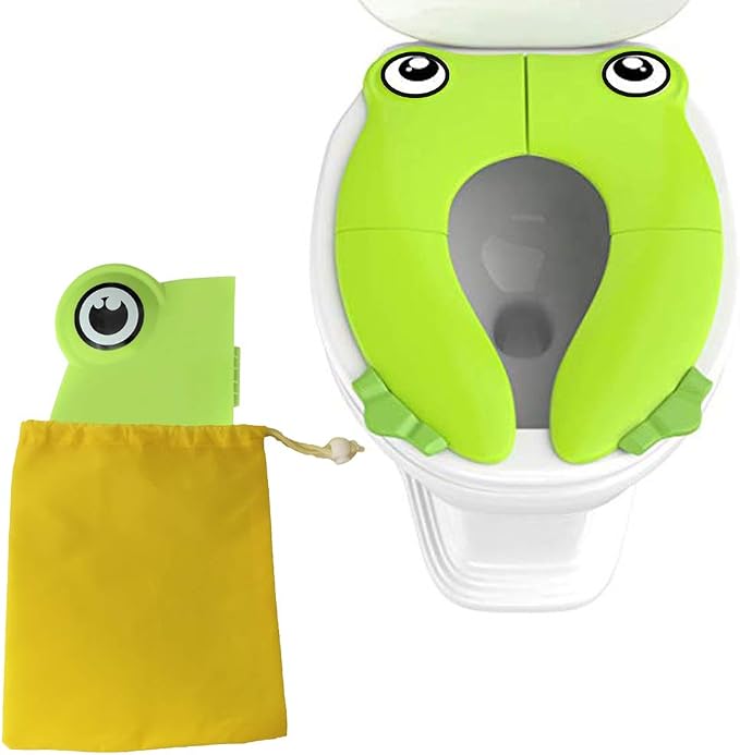 Toilet Potty Training Seat Cover, Travel Toilet Seat, Folding Non Slip Silicone Pads, Travel Portable Reusable Kids Toddlers Boys Girls, Carry Bag (Green - Frog)
