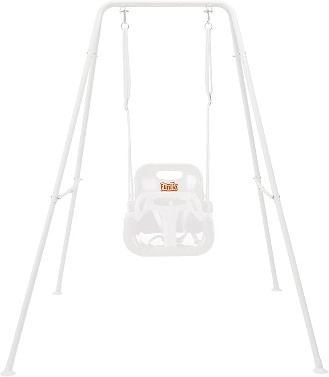 FUNLIO Toddler Swing with Foldable Metal Stand for Toddlers Aged 1~10 Years, 3-in-1 Baby Swing Set with 4 Sandbags for Backyard/Indoor/Outdoor Play, Easy to Assemble & Store, White