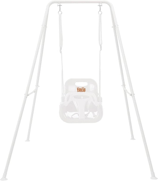 FUNLIO Toddler Swing with Foldable Metal Stand for Toddlers Aged 1~10 Years, 3-in-1 Baby Swing Set with 4 Sandbags for Backyard/Indoor/Outdoor Play, Easy to Assemble & Store, White
